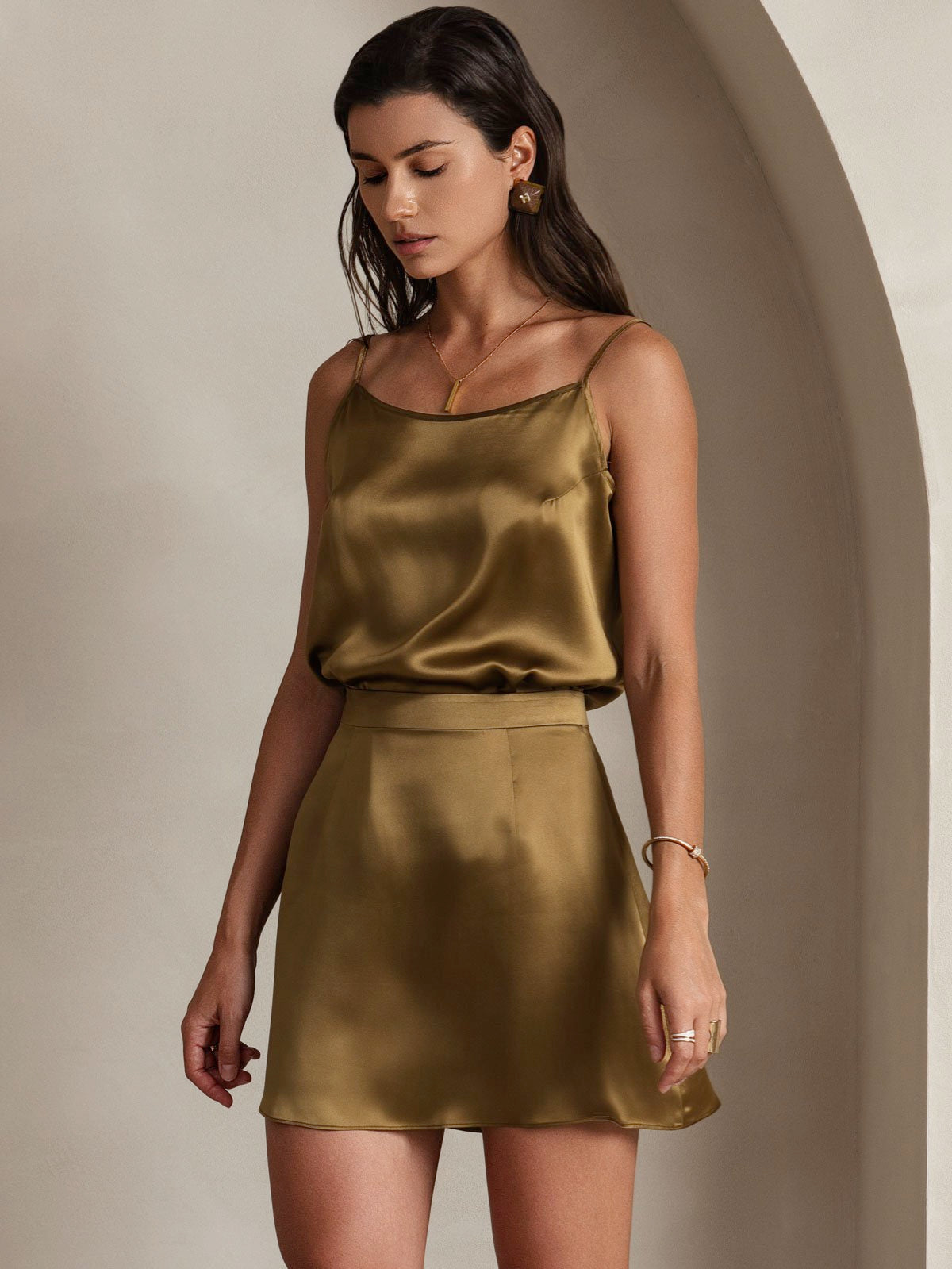 [Marrón] SilkSilky-ES 19Momme Seda Skirt 004