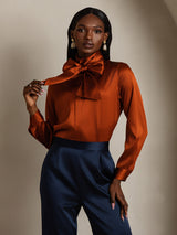 [Caramelo] SilkSilky-ES Long Sleeve Tie Neck Blusa 001