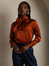 [Caramelo] SilkSilky-ES Long Sleeve Tie Neck Blusa 004