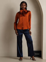 [Caramelo] SilkSilky-ES Long Sleeve Tie Neck Blusa 007