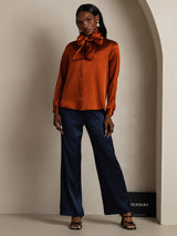 [Caramelo] SilkSilky-ES Long Sleeve Tie Neck Blusa 008