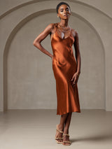 [Caramelo] SilkSilky-ES Spaghetti Strap V Neck Vestido 004