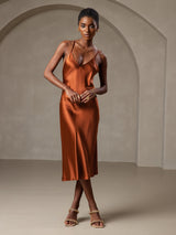 [Caramelo] SilkSilky-ES Spaghetti Strap V Neck Vestido 005