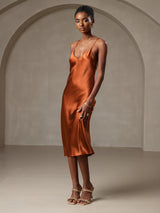 [Caramelo] SilkSilky-ES Spaghetti Strap V Neck Vestido 006