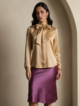 [Champán] SilkSilky-ES Long Sleeve Tie Neck Blusa 001