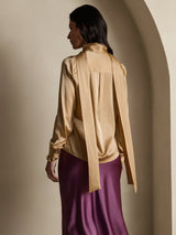 [Champán] SilkSilky-ES Long Sleeve Tie Neck Blusa 002