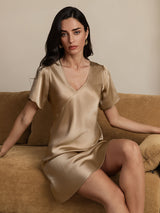 [Champán] SilkSilky-ES Short Sleeve V Neck Camisón 007