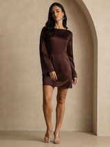[Café] SilkSilky-ES Long Sleeve Boat Neck Vestido 001