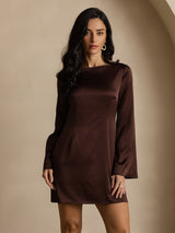[Café] SilkSilky-ES Long Sleeve Boat Neck Vestido 003