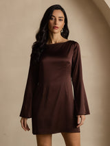 [Café] SilkSilky-ES Long Sleeve Boat Neck Vestido 004