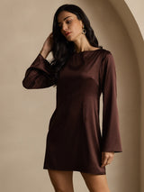 [Café] SilkSilky-ES Long Sleeve Boat Neck Vestido 006