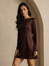 [Café] SilkSilky-ES Long Sleeve Boat Neck Vestido 007