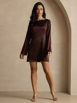 [Café] SilkSilky-ES Long Sleeve Boat Neck Vestido 008