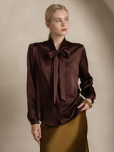 [Café] SilkSilky-ES 19Momme Manga larga Cuello Lazo Blusa 005