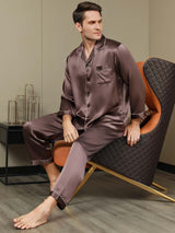 [Café] SilkSilky-ES Long Sleeve Lapel Collar Pijamas de hombre 001
