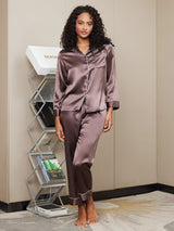 [Café] SilkSilky-ES Long Sleeve Lapel Collar Pijamas de mujer 003