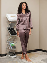 [Café] SilkSilky-ES Long Sleeve Lapel Collar Pijamas de mujer 005