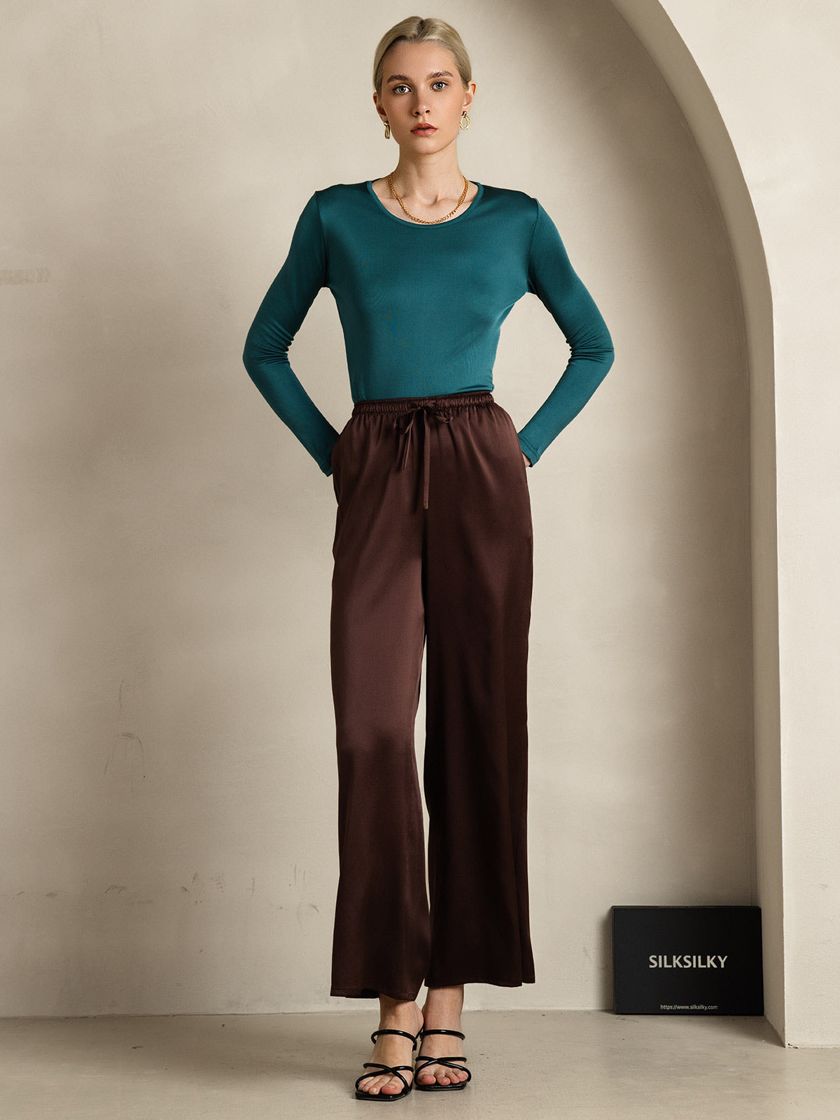 [Café] SilkSilky-ES Seda Pura Womens Pants 006