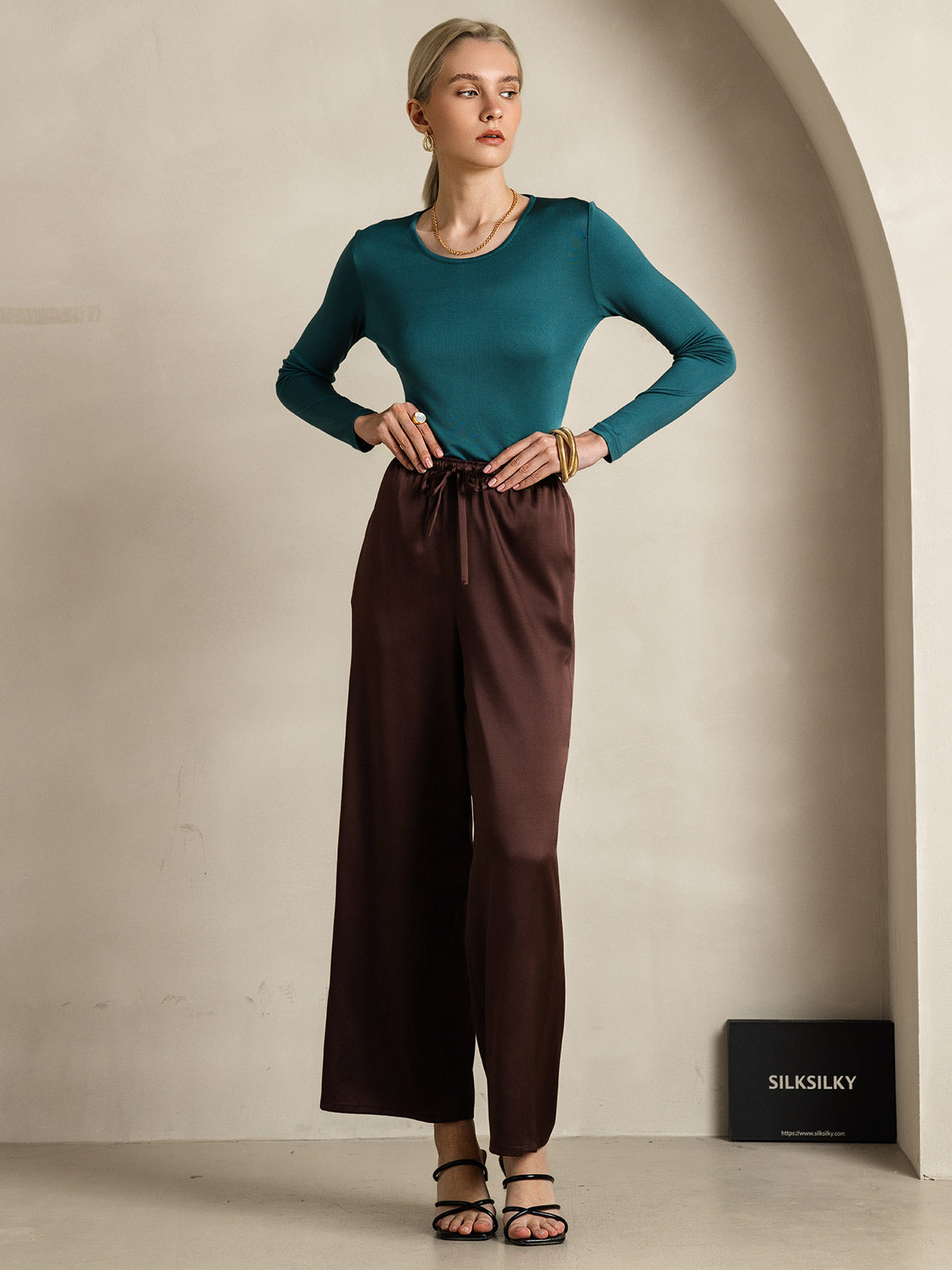 [Café] SilkSilky-ES Seda Pura Womens Pants 007