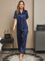 [Azul Oscuro] SilkSilky-ES Short Sleeve Lapel Collar Pijamas de mujer 001