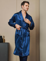 [Azul Oscuro] SilkSilky-ES 19Momme Seda Pura Manga larga Mens Robe 001