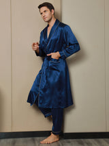 [Azul Oscuro] SilkSilky-ES 19Momme Seda Pura Manga larga Mens Robe 005