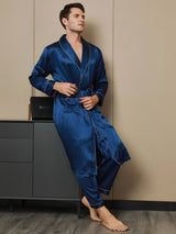 [Azul Oscuro] SilkSilky-ES 19Momme Seda Pura Manga larga Mens Robe 006