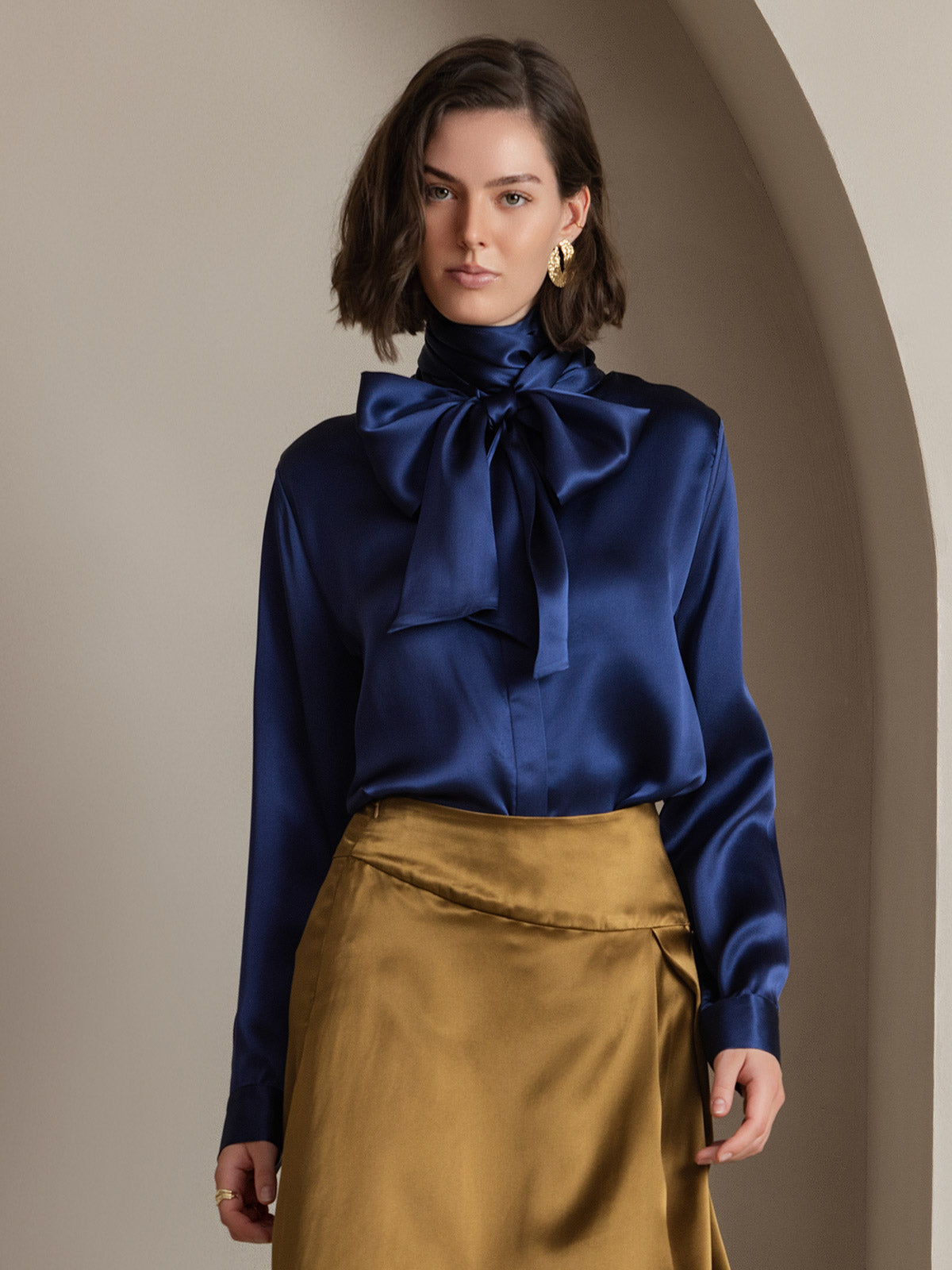 [Azul Oscuro] SilkSilky-ES 19Momme Seda Manga larga Blouse 001