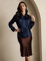 [Azul Oscuro] SilkSilky-ES 19Momme Manga larga Cuello Lazo Blusa 001