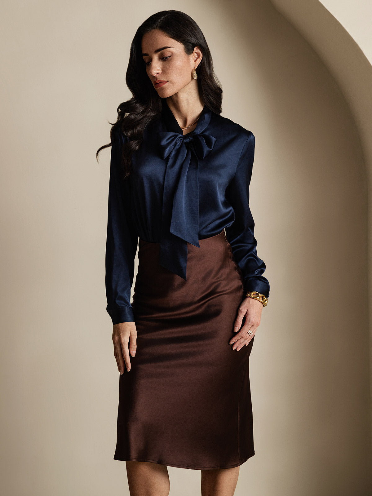 [Azul Oscuro] SilkSilky-ES 19Momme Seda Manga larga Blouse 005