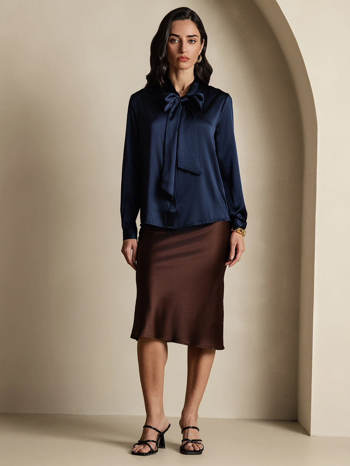 [Azul Oscuro] SilkSilky-ES 19Momme Seda Manga larga Blouse 006