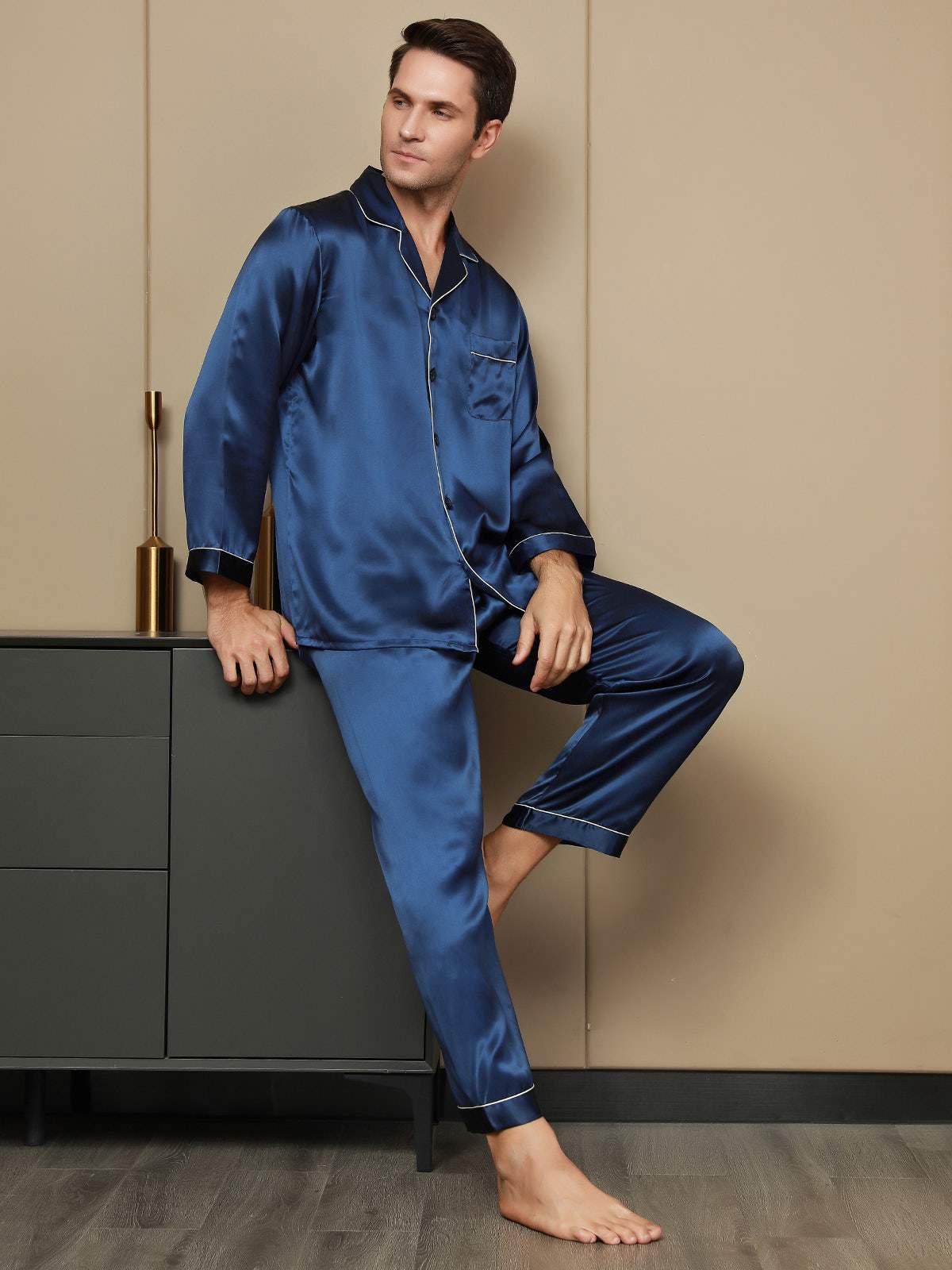 [Azul Oscuro] SilkSilky-ES Long Sleeve Lapel Collar Pijamas de hombre 001