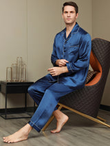 [Azul Oscuro] SilkSilky-ES Long Sleeve Lapel Collar Pijamas de hombre 006