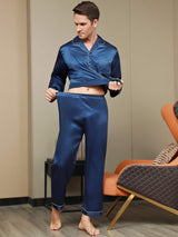 [Azul Oscuro] SilkSilky-ES Long Sleeve Lapel Collar Pijamas de hombre 009