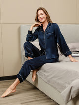[Azul Oscuro] SilkSilky-ES Long Sleeve Lapel Collar Pijamas de mujer 003