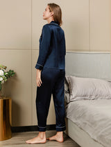 [Azul Oscuro] SilkSilky-ES Long Sleeve Lapel Collar Pijamas de mujer 004
