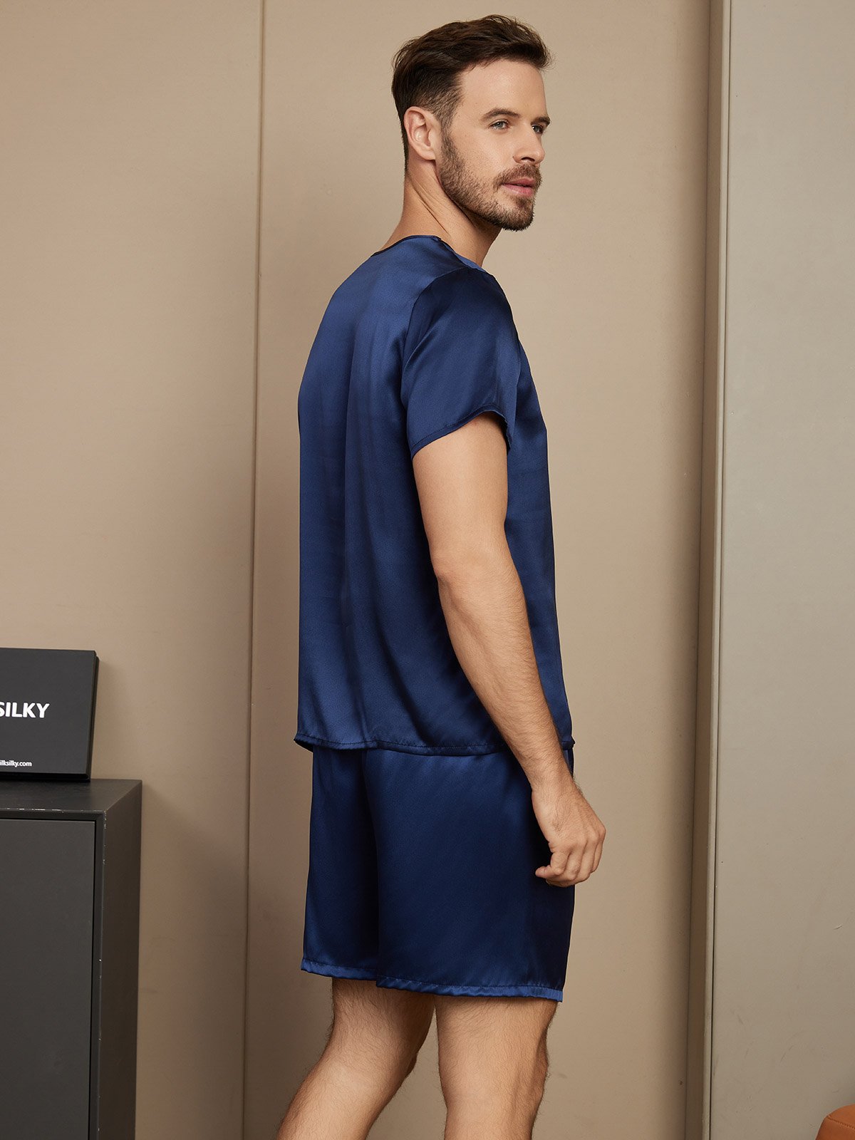 [Azul Oscuro] SilkSilky-ES Short Sleeve Round Neck Pijamas de hombre 002