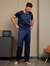 [Azul Oscuro] SilkSilky-ES Short Sleeve Round Neck Pijamas de hombre 004