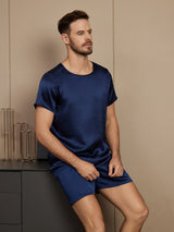 [Azul Oscuro] SilkSilky-ES Short Sleeve Round Neck Pijamas de hombre 004