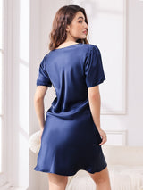 [Azul Oscuro] SilkSilky-ES Short Sleeve V Neck Camisón 002