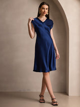 [Azul Oscuro] SilkSilky-ES Sin mangas Cuello en V Vestido 003