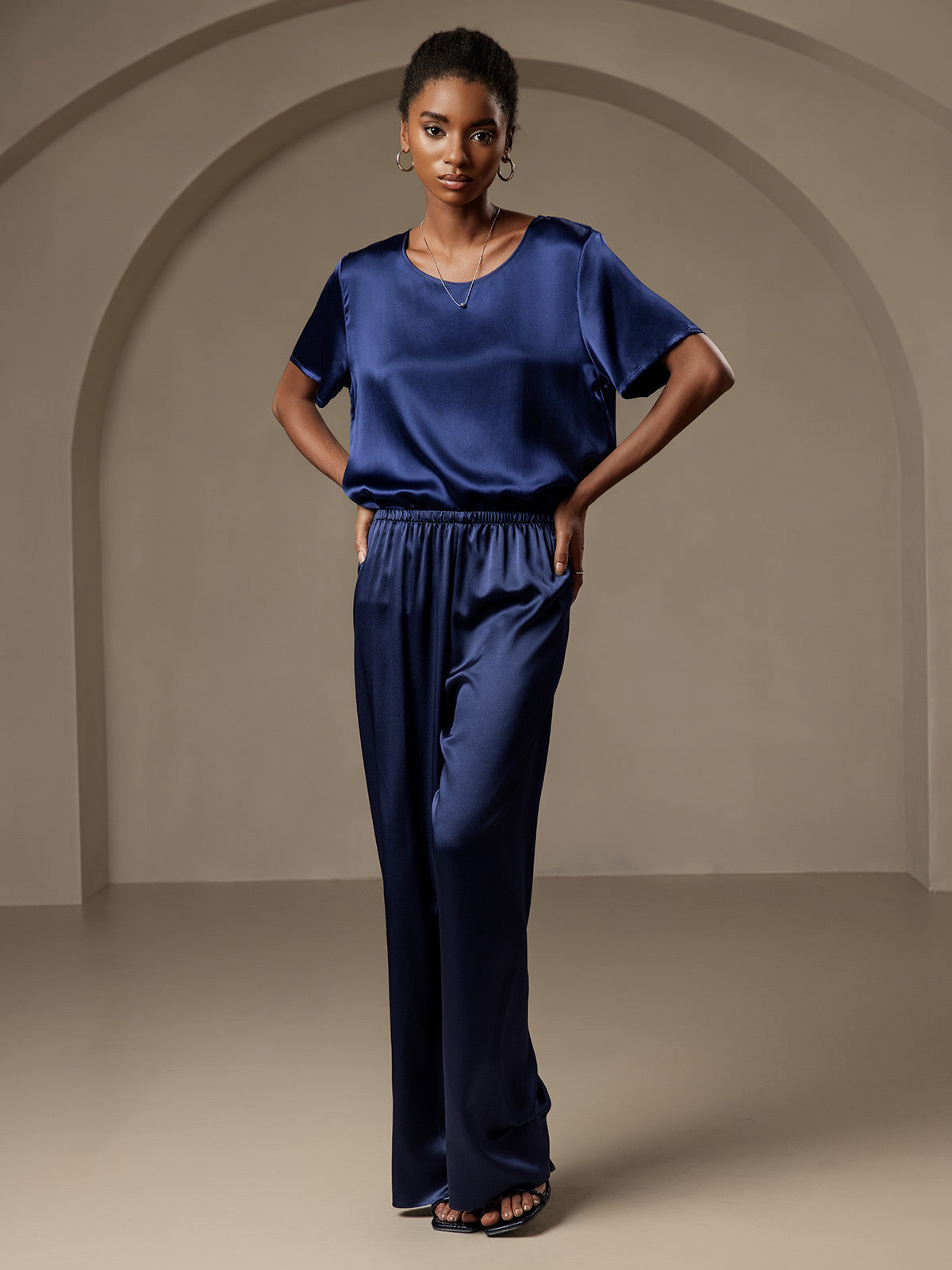 [Azul Oscuro] SilkSilky-ES Seda Pura Womens Pants 001