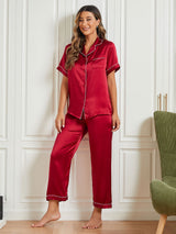 [Rojo Oscuro] SilkSilky-ES Short Sleeve Lapel Collar Pijamas de mujer 002