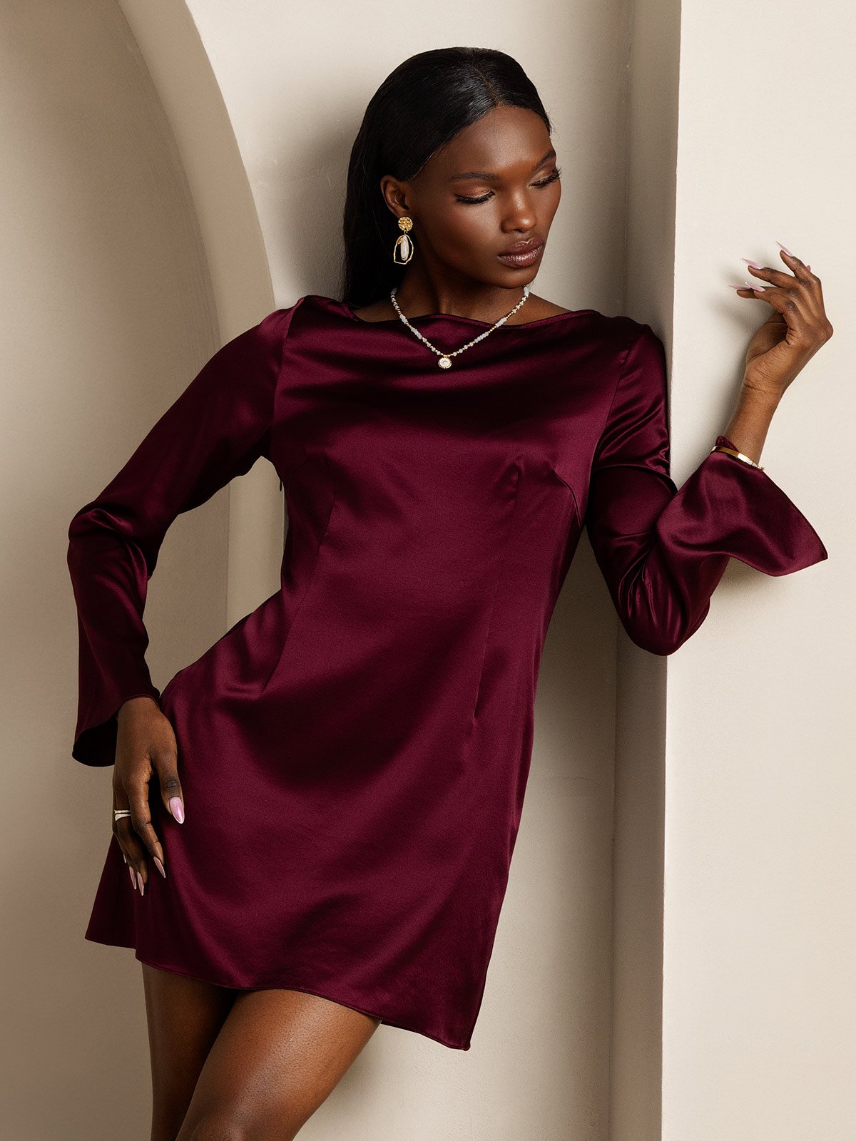 [Rojo Oscuro] SilkSilky-ES Long Sleeve Boat Neck Vestido 001