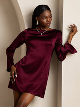[Rojo Oscuro] SilkSilky-ES Long Sleeve Boat Neck Vestido 001