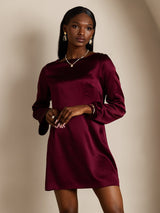 [Rojo Oscuro] SilkSilky-ES Long Sleeve Boat Neck Vestido 003
