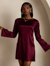 [Rojo Oscuro] SilkSilky-ES Long Sleeve Boat Neck Vestido 004