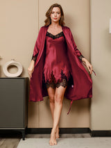[Rojo Oscuro] SilkSilky-ES 3/4 Sleeve V Neck Conjunto de camisón y bata 001