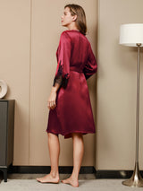 [Rojo Oscuro] SilkSilky-ES 3/4 Sleeve V Neck Conjunto de camisón y bata 004