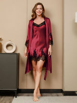 [Rojo Oscuro] SilkSilky-ES 3/4 Sleeve V Neck Conjunto de camisón y bata 005